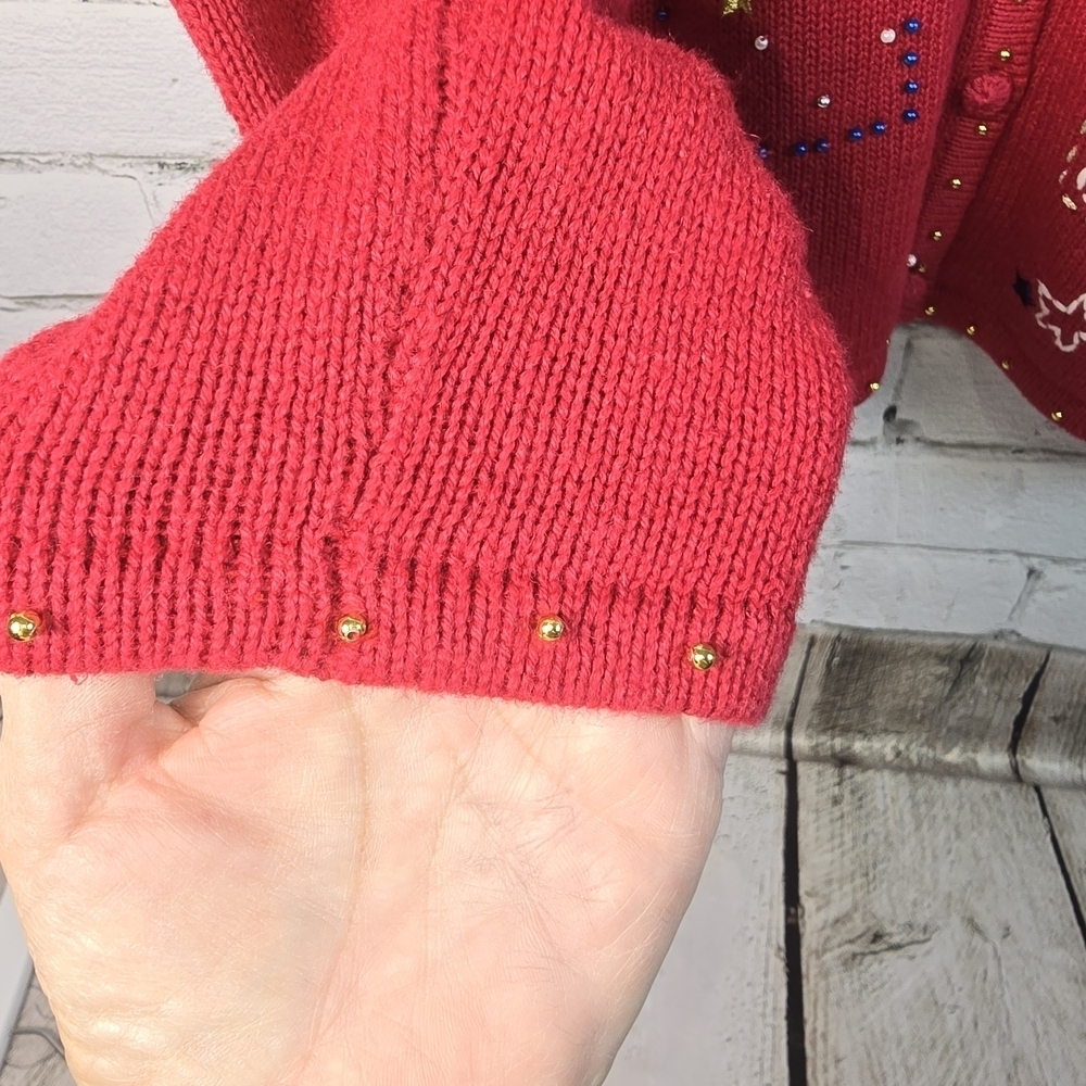 VINTAGE ERIKA CHRISTMAS CARDIGAN RED SNOWMEN CHRISTMAS TREE GINGERBREAD WOMENS M - Picture 6 of 8